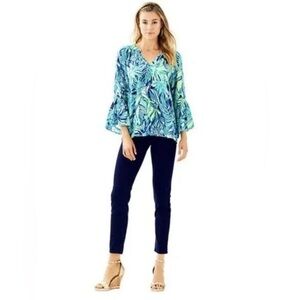 Lily Pulitzer Matilda Silk Ruffle Bell Sleeve Top SZ XS Armadilly Dally